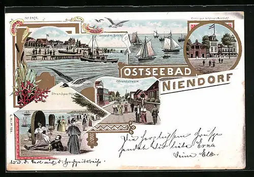 Lithographie Niendorf, Hotel zur schönen Aussicht, Strand mit Brücke, Strandstrasse