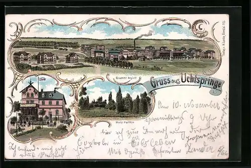 Lithographie Uchtspringe, Hôtel F. Schulz, Waldpartie, Gesamtansicht