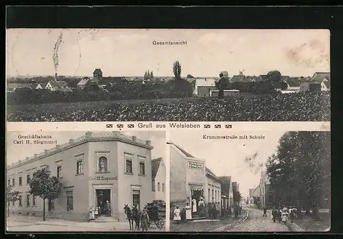 AK Welsleben, Geschäftshaus Carl H. Siegmund, Krummestrasse mit Fleischerei und Schule, Gesamtansicht