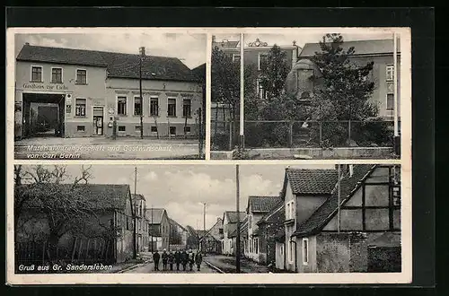 AK Gr. Sandersleben, Gasthaus zur Eiche, Denkmal, Strassenpartie mit Kindern