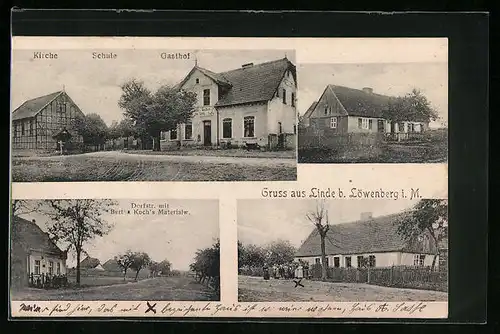 AK Linde b. Löwenberg i. M., Gasthof mit Schule & Kirche, Dorfstrasse & Bertha Koch`s Materialwarengeschäft, Ortspartie