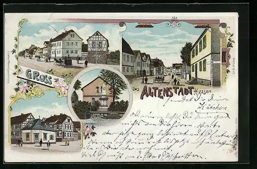 Lithographie Altenstadt /Hessen, Kolonialwarengeschäft, Strassenpartie mit Gebäudeansicht, Ortspartie
