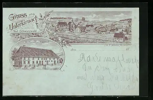Lithographie Unterkirnach /Bad. Schwarzwald, Gasthaus zum Stadthof, Teilansicht