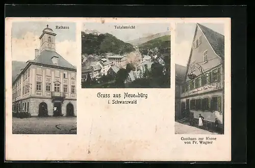 AK Neuenbürg i. Schwarzwald, Gasthaus zur Krone, Rathaus, Totalansicht
