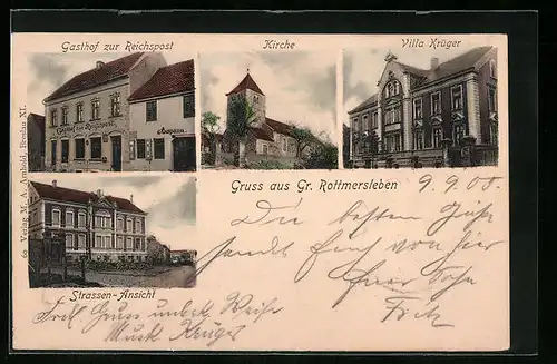 AK Gr. Rottmersleben, Gasthof zur Reichspost, Villa Krüger, Kirche