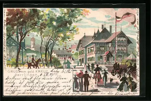 Lithographie Herrlingen, Gasthaus Zum goldenen Kreuz
