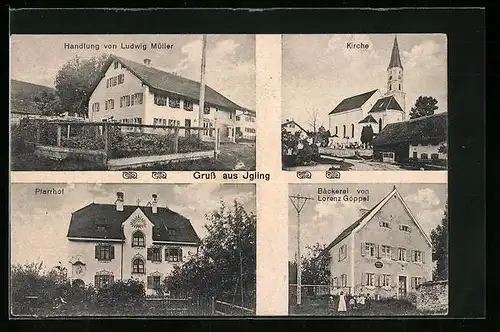 AK Igling, Handlung von Ludwig Müller, Bäckerei von Lorenz Göppel, Pfarrhof