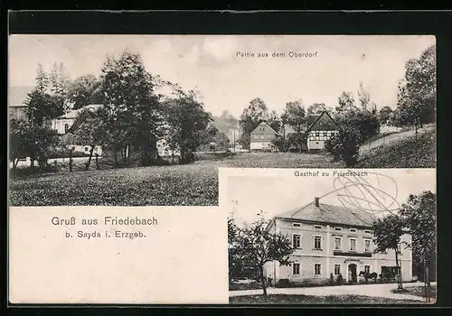 AK Friedebach b. Sayda i. Erzgeb., Gasthof zu Friedebach, Partie aus dem Oberdorf