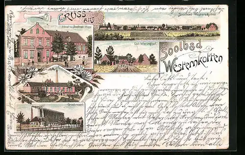 Lithographie Westernkotten, Hôtel Wiese, Gradierwerk, Badehaus