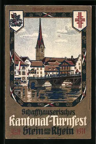 Künstler-AK Stein am Rhein, Schaffhauserisches Kantonal-Turnfest 1911, Kirche und Wappen
