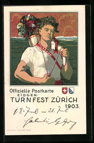 Künstler-AK Zürich, Eidgen. Turnfest 1903, Mann mit Blumen auf dem Rücken