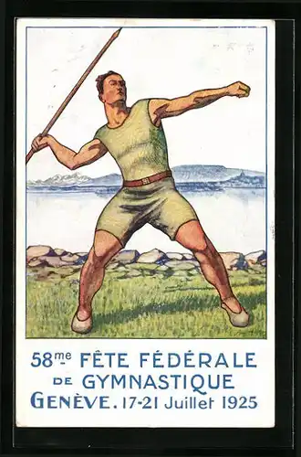 Künstler-AK Geneve, 58me Fete Federale de Gymnastique 1925, der Speerwerfer, Turnfest