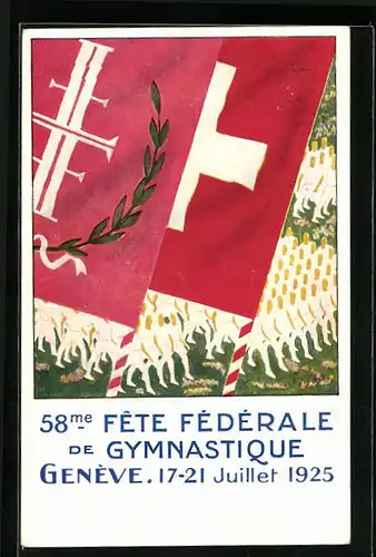 Künstler-AK Geneve, 58me Fete Federale de Gymnastique 1925, Turnfest und Flaggen