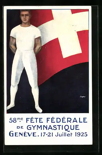 Künstler-AK Geneve, 58me Fete Federale de Gymnastique 1925, Turner in weiss vor schweizer Flagge