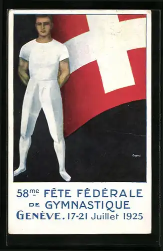 Künstler-AK Geneve, 58me Fete Federale de Gymnastique 1925, Flagge und Turner in weiss