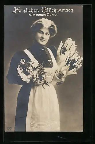 AK Neujahresgruss, das Dienstmädchen mit Blumen im Arm