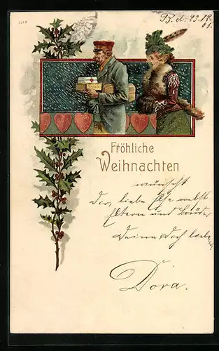 Lithographie Mann in Pagenuniform trägt Geschenke neben einer Frau her