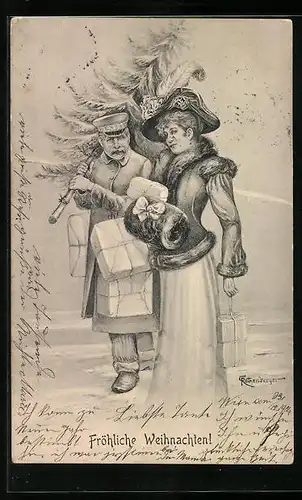 Künstler-AK Frau wird von einem Pagen in Uniform begleitet, er trägt Geschenke und einen Weihnachtsbaum