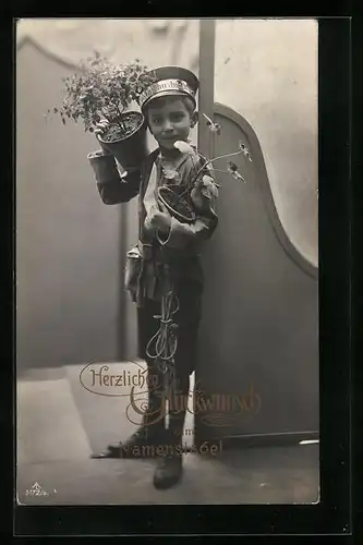 AK Junge in Pagenuniform mit Blumentöpfen grüsst zum Namenstag