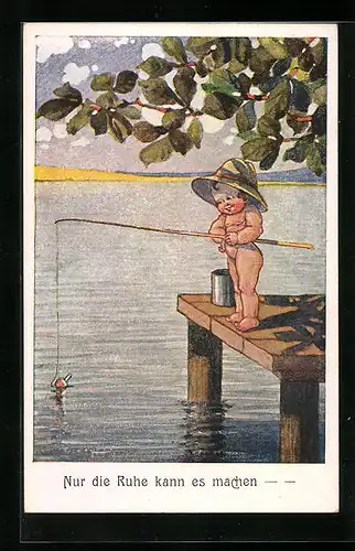 Künstler-AK Nackter Junge mit Hut angelt am Steg