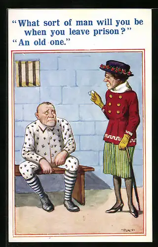 Künstler-AK Gefängnisinsasse wird befragt, welcher Art er nach der Entlassung sein wird, Jura