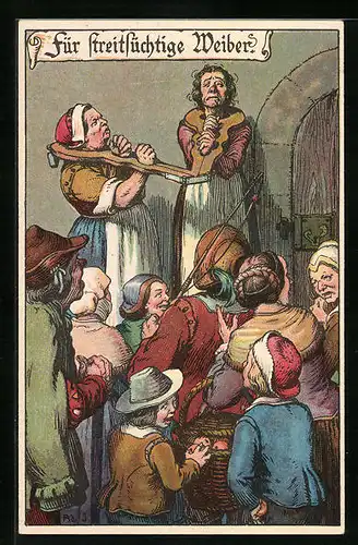 Künstler-AK Für Streitsüchtige Weiber, Frauen aneinander gefesselt, Jura