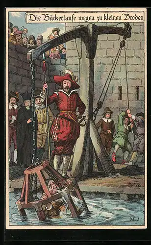 Künstler-AK Bäckertaufe wegen zu kleinen Brodes, Untertauchen des Sünders, Jura