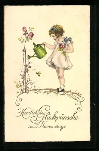 Künstler-AK Mädchen giesst den Rosenbuscg, Gärtnerin, Namenstag