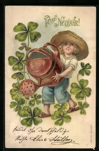 Präge-Lithographie Junge mit einer grossen Kanne giesst den Glücksklee, Neujahresgruss, Gärtner