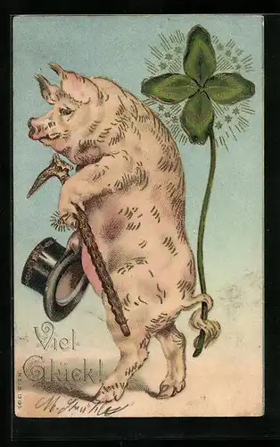 Präge-Lithographie Schwein mit Hut, Gehstock und Klee in Gold, vermenschlichte Tiere