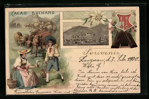 Lithographie Sarnen, Generalansicht, Mann und Frau in Trachten mit Schafen, Cacao Suchard