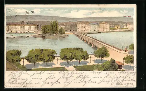 Künstler-AK Richard Hegedüs-Geiger: Genf, Brücke über die Rhone
