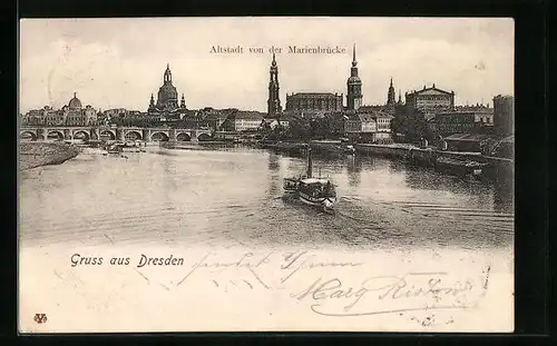 AK Dresden, Blick über die Elbe auf die Altstadt von der Marienbrücke aus