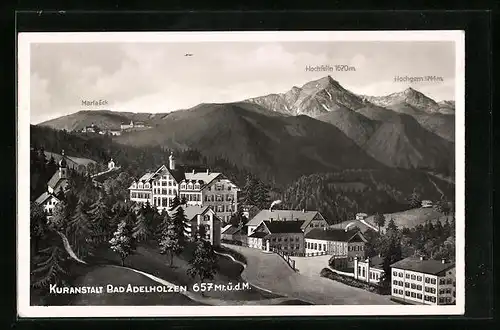 AK Bad Adelholzen, Blick auf die Villen und die Bergspitzen Hochfelln, Hochgern und Maria Eck