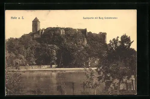 AK Halle a. S., Saalepartie mit der Burg Giebichenstein