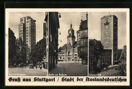 AK Stuttgart, Partie am Rathaus, das Tagblatt-Hochhaus, der Bahnhofsturm