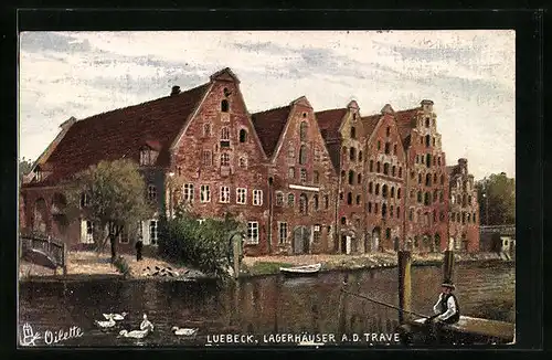 Künstler-AK Lübeck, Lagerhäuser a. d. Trave