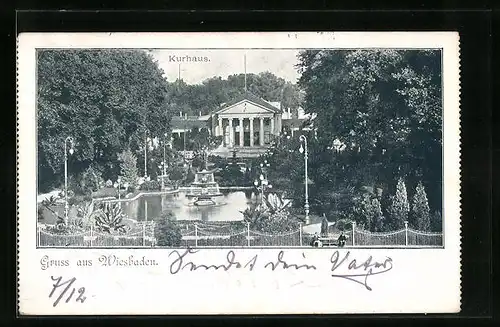 AK Wiesbaden, Anlagen mit Brunnen vor dem Kurhaus