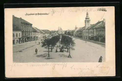 AK Rakovnika, Blick auf den Stadtplatz und das Rathaus