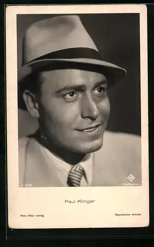 AK Schauspieler Paul Klinger in Hut und Jackett charmant blickend