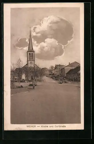 AK Weiher, Dorfstrasse mit Kirche