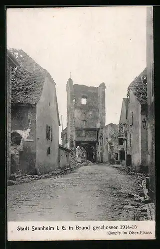 AK Sennheim i. E., in Brand geschossene Gebäude