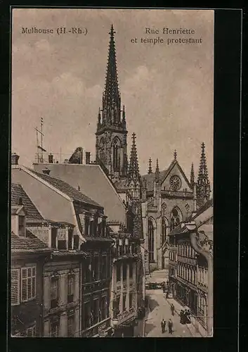 AK Mulhouse, Rue Henriette et temple protestant