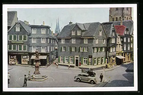 AK Solingen, Auf dem Alten Markt mit Geschäften und Denkmal
