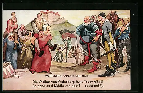 Künstler-AK Hans Boettcher: Weinsberg, Ritter mit Pferd und Frauen vor der Burg, Anno domini 1140