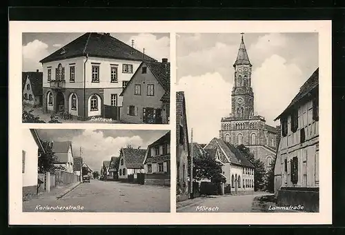 AK Mörsch, Karlsruherstrasse mit Haus von Franz Schlageter, Rathaus, Lammstrasse mit Kirche