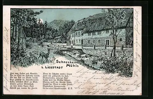 Lithographie Liebstadt, Schneckenmühle mit Reh bei Mondschein