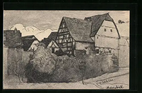 Künstler-AK Niedernhall, Strassenpartie mit Fachwerkhaus