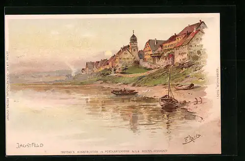 Künstler-AK Jagstfeld, Uferpartie mit Kirche und Booten