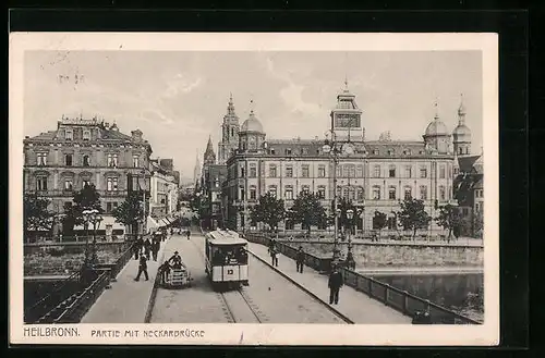 AK Heilbronn, Partie und Neckarbrücke mit Strassenbahn